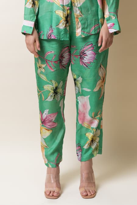 Sutrabysweta_Green Denim, Silk Embroidery, Beads Collared Floral Print Shirt And Pant Set _Online_at_Aza_Fashions