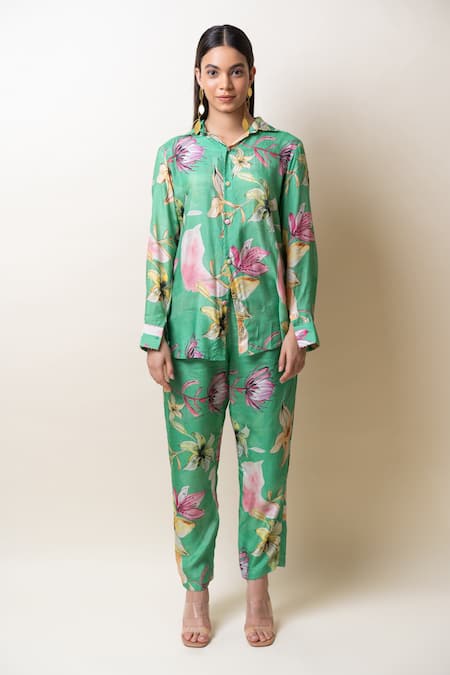 Buy_Sutrabysweta_Green Denim, Silk Embroidery, Beads Collared Floral Print Shirt And Pant Set _Online_at_Aza_Fashions