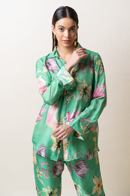 Shop_Sutrabysweta_Green Denim, Silk Embroidery, Beads Collared Floral Print Shirt And Pant Set _Online_at_Aza_Fashions