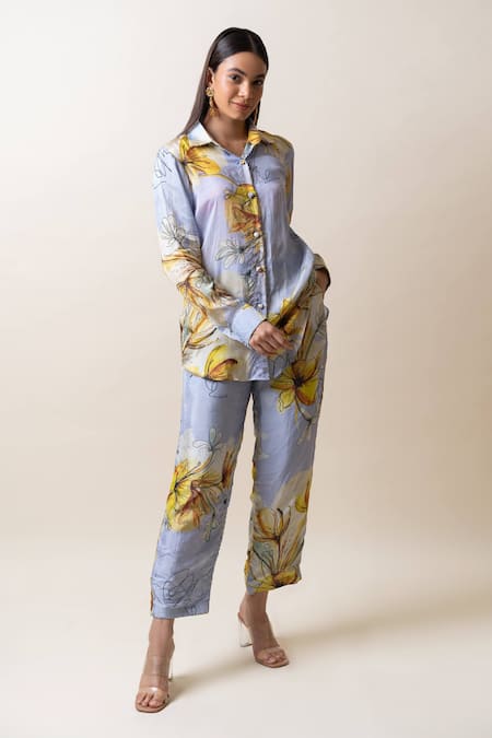 SutrabySweta Blue Habutai Silk Printed Floral Collared Neck Pattern Shirt And Pant Set 