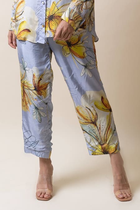 Sutrabysweta_Blue Silk Embroidery, Beads Collared Floral Hand Shirt And Pant Set _Online_at_Aza_Fashions