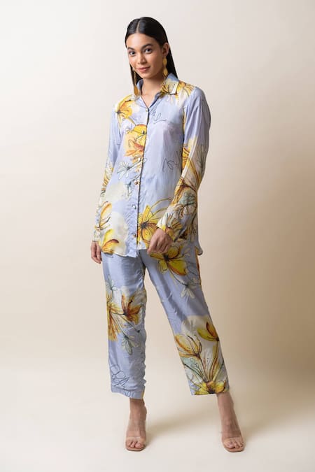 Buy_Sutrabysweta_Blue Silk Embroidery, Beads Collared Floral Hand Shirt And Pant Set _Online_at_Aza_Fashions