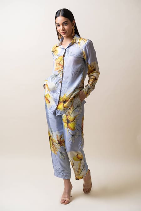 Shop_Sutrabysweta_Blue Silk Embroidery, Beads Collared Floral Hand Shirt And Pant Set _Online_at_Aza_Fashions