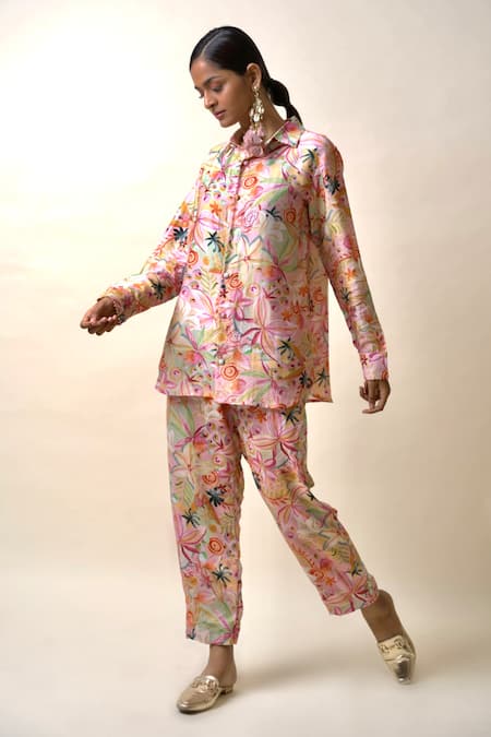 Shop_Sutrabysweta_Pink Silk Embroidery, Beads Collared Printed Shirt And Pant Set _at_Aza_Fashions