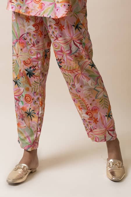 Buy_Sutrabysweta_Pink Silk Embroidery, Beads Collared Printed Shirt And Pant Set _Online_at_Aza_Fashions