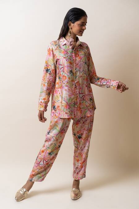 Shop_Sutrabysweta_Pink Silk Embroidery, Beads Collared Printed Shirt And Pant Set _Online_at_Aza_Fashions