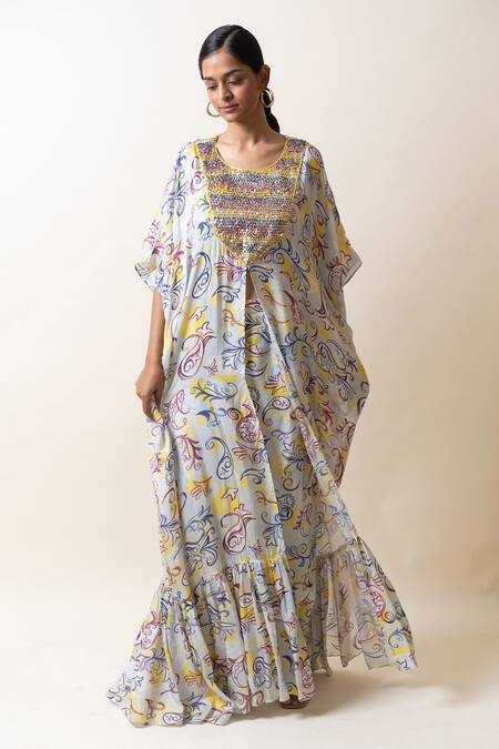 Shop Sutrabysweta Blue Silk Embroidery Round Neck Paisley Print Long Kaftan Pant Set at Aza Fashions Shop_Sutrabysweta_Blue Silk Embroidery Round Neck Paisley Print Long Kaftan Pant Set_at_Aza_Fashions