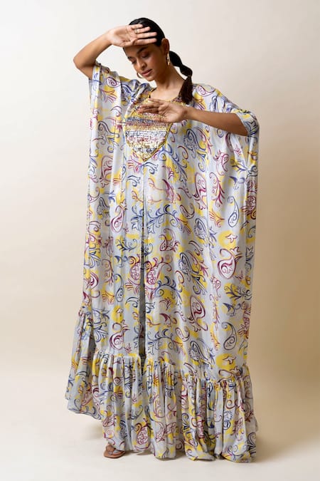 Sutrabysweta Blue Silk Embroidery Round Neck Paisley Print Long Kaftan Pant Set Online at Aza Fashions Sutrabysweta_Blue Silk Embroidery Round Neck Paisley Print Long Kaftan Pant Set_Online_at_Aza_Fashions