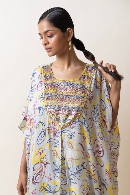 Buy Sutrabysweta Blue Silk Embroidery Round Neck Paisley Print Long Kaftan Pant Set Online at Aza Fashions Buy_Sutrabysweta_Blue Silk Embroidery Round Neck Paisley Print Long Kaftan Pant Set_Online_at_Aza_Fashions