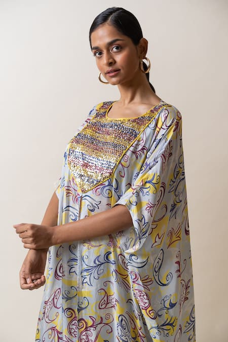 Shop Sutrabysweta Blue Silk Embroidery Round Neck Paisley Print Long Kaftan Pant Set Online at Aza Fashions Shop_Sutrabysweta_Blue Silk Embroidery Round Neck Paisley Print Long Kaftan Pant Set_Online_at_Aza_Fashions