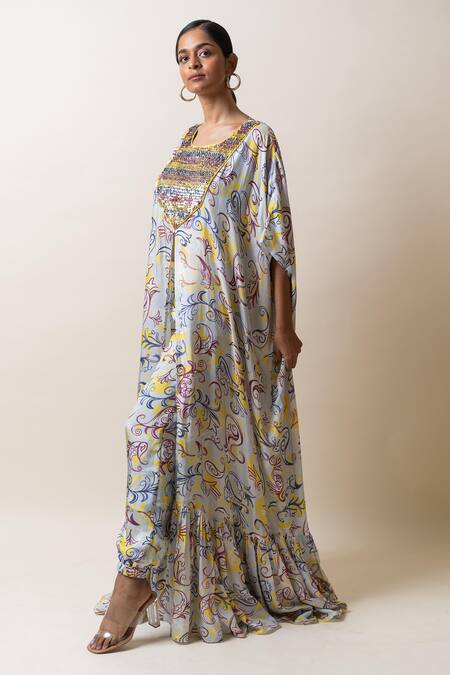 Sutrabysweta Blue Silk Embroidery Round Neck Paisley Print Long Kaftan Pant Set at Aza Fashions Sutrabysweta_Blue Silk Embroidery Round Neck Paisley Print Long Kaftan Pant Set_at_Aza_Fashions