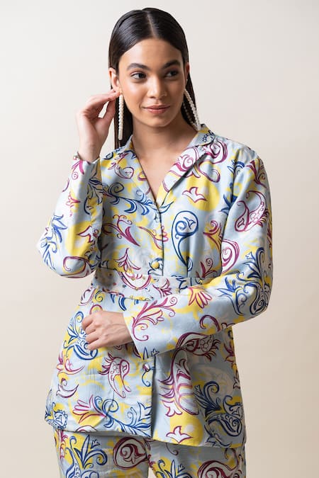 Sutrabysweta_Blue Dola Silk Printed Paisley Lapel Collar Neck Jacket And Pant Set  _Online_at_Aza_Fashions