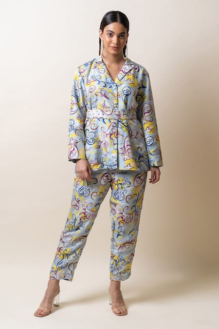 Buy_Sutrabysweta_Blue Dola Silk Printed Paisley Lapel Collar Neck Jacket And Pant Set  _Online_at_Aza_Fashions