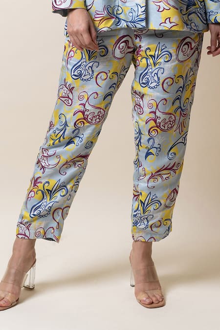 Shop_Sutrabysweta_Blue Dola Silk Printed Paisley Lapel Collar Neck Jacket And Pant Set  _Online_at_Aza_Fashions