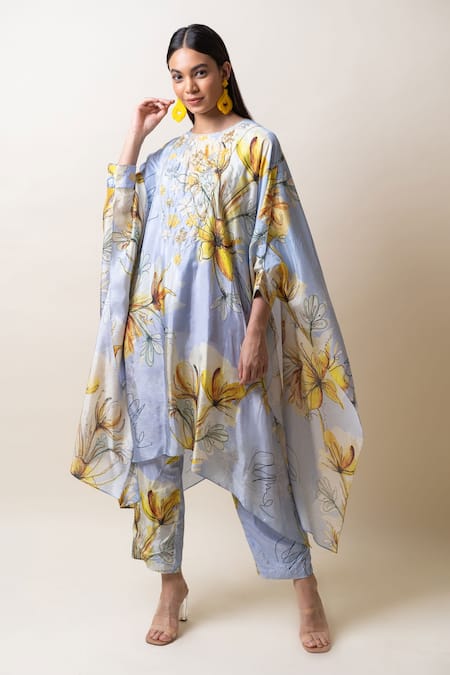 Sutrabysweta_Blue Habutai Silk Printed Floral Round Neck Kaftan And Pant Set  _Online_at_Aza_Fashions