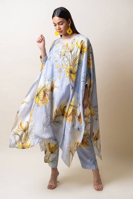 Shop_Sutrabysweta_Blue Habutai Silk Printed Floral Round Neck Kaftan And Pant Set  _Online_at_Aza_Fashions