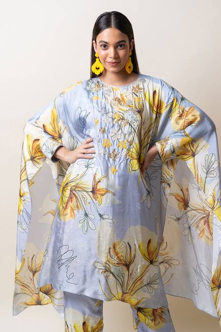 Sutrabysweta_Blue Habutai Silk Printed Floral Round Neck Kaftan And Pant Set  _at_Aza_Fashions
