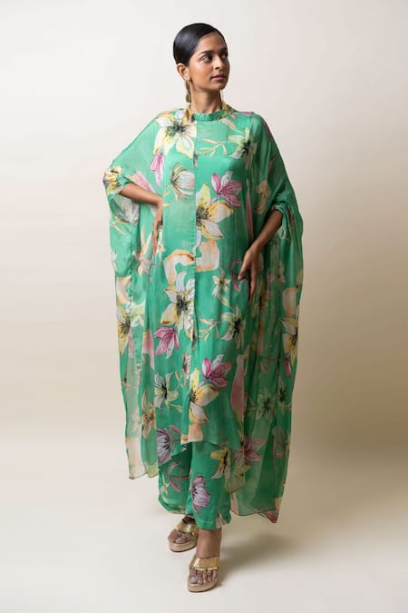 Shop Sutrabysweta Green Chiffon Printed Floral Round Collar Kaftan Kurta And Pant Set at Aza Fashions Shop_Sutrabysweta_Green Chiffon Printed Floral Round Collar Kaftan Kurta And Pant Set _at_Aza_Fashions