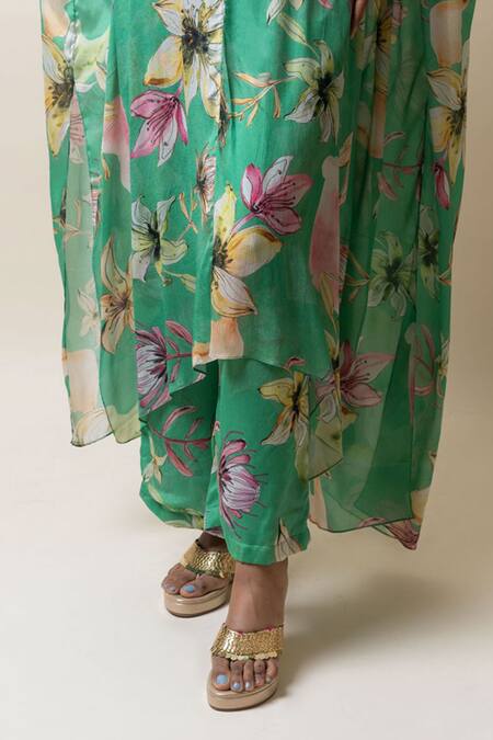 Sutrabysweta Green Chiffon Printed Floral Round Collar Kaftan Kurta And Pant Set Online at Aza Fashions Sutrabysweta_Green Chiffon Printed Floral Round Collar Kaftan Kurta And Pant Set _Online_at_Aza_Fashions