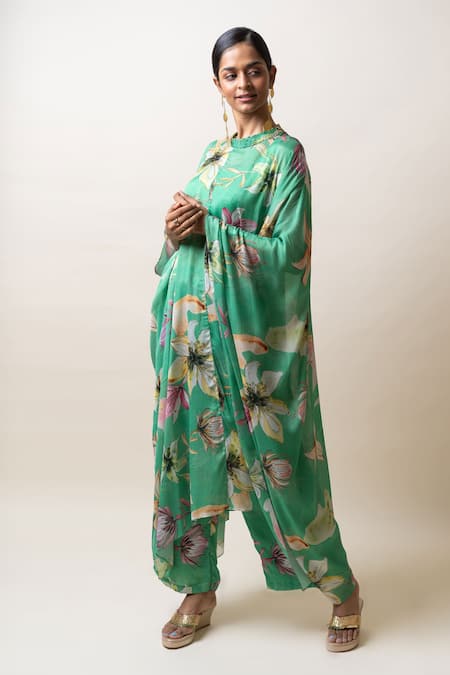 Buy Sutrabysweta Green Chiffon Printed Floral Round Collar Kaftan Kurta And Pant Set Online at Aza Fashions Buy_Sutrabysweta_Green Chiffon Printed Floral Round Collar Kaftan Kurta And Pant Set _Online_at_Aza_Fashions
