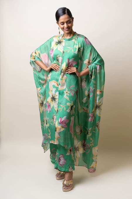 Shop Sutrabysweta Green Chiffon Printed Floral Round Collar Kaftan Kurta And Pant Set Online at Aza Fashions Shop_Sutrabysweta_Green Chiffon Printed Floral Round Collar Kaftan Kurta And Pant Set _Online_at_Aza_Fashions
