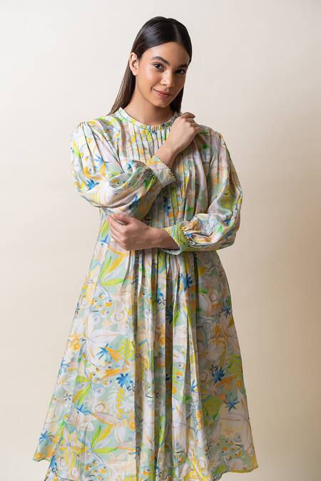 Shop_Sutrabysweta_Blue Dola Silk Printed Floral Round Collar Kurta And Pant Set _Online_at_Aza_Fashions