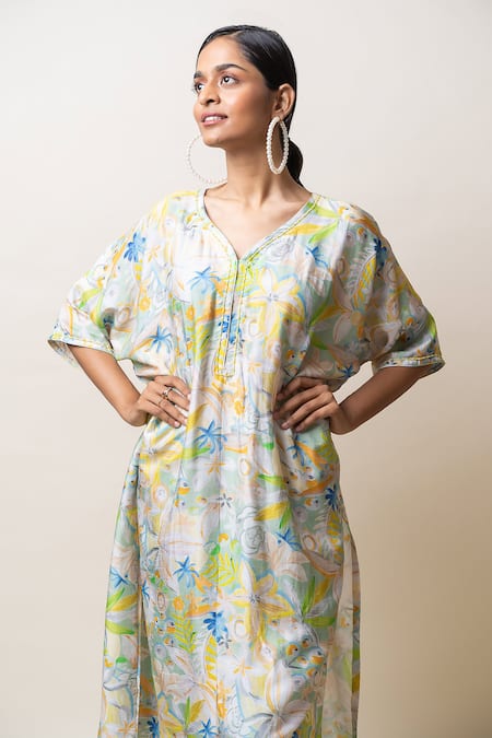 Shop_Sutrabysweta_Blue Dola Silk Printed Floral V Neck Asymmetric Kurta And Pant Set _Online_at_Aza_Fashions