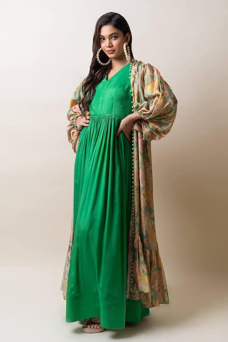 Shop Sutrabysweta Green Dola Silk Printed Paisley Gown V Neck And Cape Set Online at Aza Fashions Shop_Sutrabysweta_Green Dola Silk Printed Paisley Gown V Neck And Cape Set _Online_at_Aza_Fashions