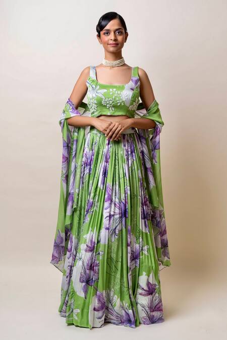 Sutrabysweta_Green Chiffon Printed Floral Blouse And Cape Square Neck Lehenga Set _Online_at_Aza_Fashions