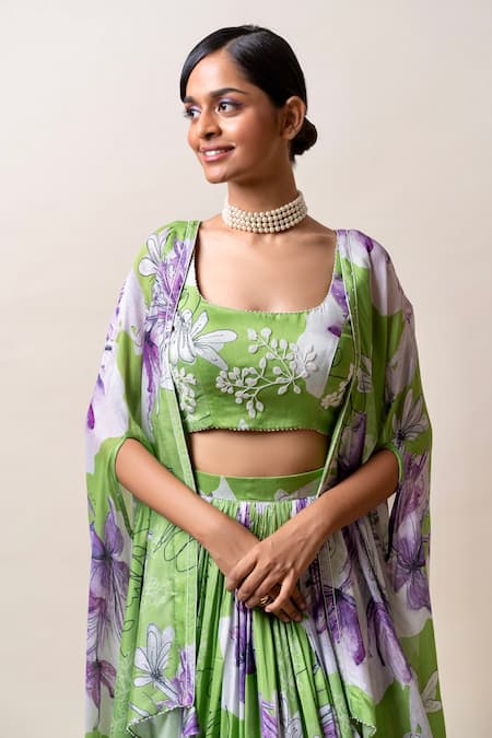 Shop_Sutrabysweta_Green Chiffon Printed Floral Blouse And Cape Square Neck Lehenga Set _Online_at_Aza_Fashions
