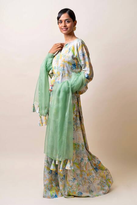 Sutrabysweta_Green Dola Silk Printed Floral Notched Neck Kurta Sharara Set _Online_at_Aza_Fashions