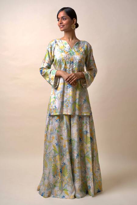 Shop_Sutrabysweta_Green Dola Silk Printed Floral Notched Neck Kurta Sharara Set _Online_at_Aza_Fashions