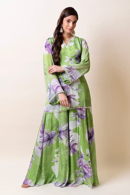 SutrabySweta Green Chiffon Printed Floral Notched Neck Kurta Sharara Set 