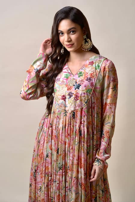 Sutrabysweta Pink Chiffon Print Floral V Neck Anarkali With Dupatta Online at Aza Fashions Sutrabysweta_Pink Chiffon Print Floral V Neck Anarkali With Dupatta _Online_at_Aza_Fashions