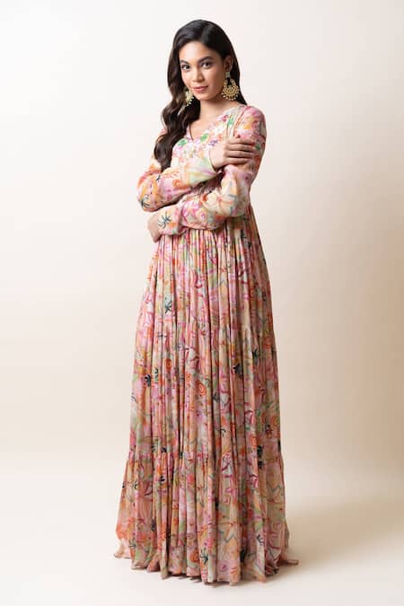 Buy Sutrabysweta Pink Chiffon Print Floral V Neck Anarkali With Dupatta Online at Aza Fashions Buy_Sutrabysweta_Pink Chiffon Print Floral V Neck Anarkali With Dupatta _Online_at_Aza_Fashions