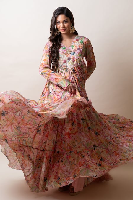 Shop Sutrabysweta Pink Chiffon Print Floral V Neck Anarkali With Dupatta Online at Aza Fashions Shop_Sutrabysweta_Pink Chiffon Print Floral V Neck Anarkali With Dupatta _Online_at_Aza_Fashions