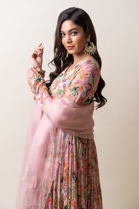 Sutrabysweta Pink Chiffon Print Floral V Neck Anarkali With Dupatta at Aza Fashions Sutrabysweta_Pink Chiffon Print Floral V Neck Anarkali With Dupatta _at_Aza_Fashions