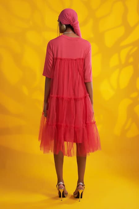 Shop Jyoti Sachdev Iyer Pink Cotton, Lycra, Tulle Round Neck Tiered Overlay Dress at Aza Fashions Shop_Jyoti Sachdev Iyer_Pink Cotton, Lycra, Tulle Round Neck Tiered Overlay Dress _at_Aza_Fashions