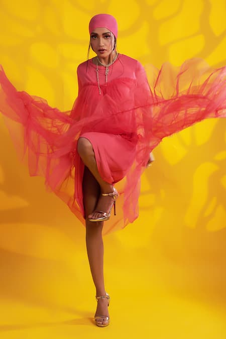 Jyoti Sachdev Iyer Pink Cotton, Lycra, Tulle Round Neck Tiered Overlay Dress Online at Aza Fashions Jyoti Sachdev Iyer_Pink Cotton, Lycra, Tulle Round Neck Tiered Overlay Dress _Online_at_Aza_Fashions