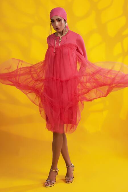 Buy Jyoti Sachdev Iyer Pink Cotton, Lycra, Tulle Round Neck Tiered Overlay Dress Online at Aza Fashions Buy_Jyoti Sachdev Iyer_Pink Cotton, Lycra, Tulle Round Neck Tiered Overlay Dress _Online_at_Aza_Fashions