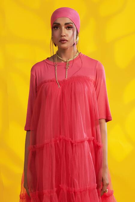 Jyoti Sachdev Iyer Pink Cotton, Lycra, Tulle Round Neck Tiered Overlay Dress at Aza Fashions Jyoti Sachdev Iyer_Pink Cotton, Lycra, Tulle Round Neck Tiered Overlay Dress _at_Aza_Fashions