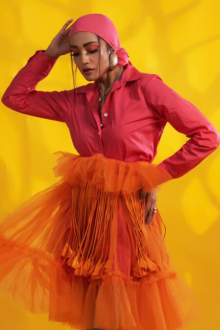 Buy_Jyoti Sachdev Iyer_Pink Cotton, Tulle Tassels Collared Shirt Dress With Overlay _Online_at_Aza_Fashions