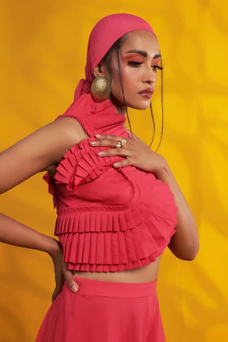 Jyoti Sachdev Iyer_Pink Cotton One Shoulder Pleated Crop Top _Online_at_Aza_Fashions