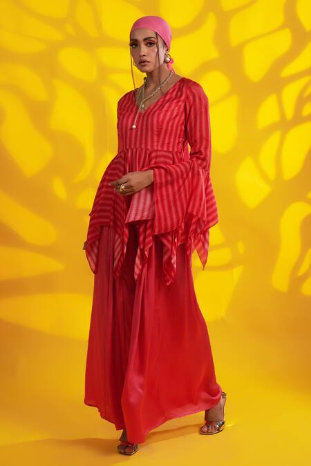 Shop_Jyoti Sachdev Iyer_Pink Cotton V-neck Stripe Pattern Shirt And Pant Set _Online_at_Aza_Fashions