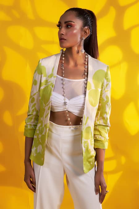 Jyoti Sachdev Iyer_Green Linen, Satin Open Neck Printed Jacket With Bustier _Online_at_Aza_Fashions