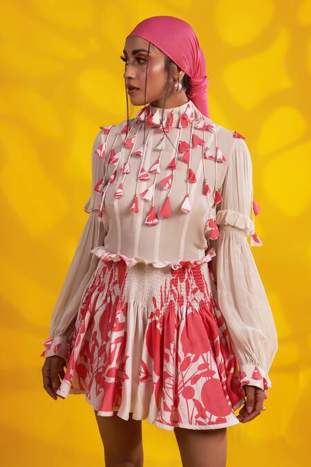 Jyoti Sachdev Iyer_White Georgette, Denim Tassels Turtle Neck Printed Dress _Online_at_Aza_Fashions