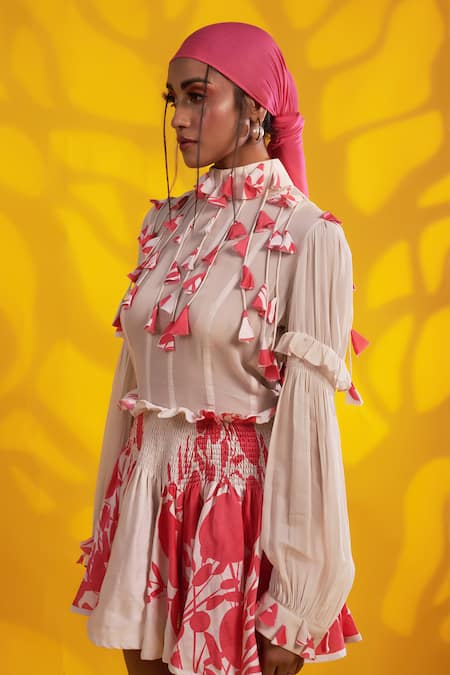 Buy_Jyoti Sachdev Iyer_White Georgette, Denim Tassels Turtle Neck Printed Dress _Online_at_Aza_Fashions