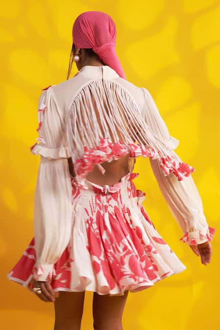 Shop_Jyoti Sachdev Iyer_White Georgette, Denim Tassels Turtle Neck Printed Dress _Online_at_Aza_Fashions