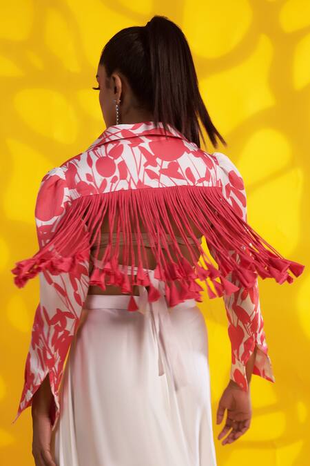 Jyoti Sachdev Iyer_White Linen, Satin Tassels Shawl Neck Printed Shirt _Online_at_Aza_Fashions