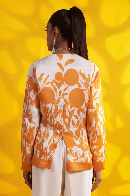 Shop Jyoti Sachdev Iyer White Linen, Satin Collared Floral Print Jacket at Aza Fashions Shop_Jyoti Sachdev Iyer_White Linen, Satin Collared Floral Print Jacket _at_Aza_Fashions